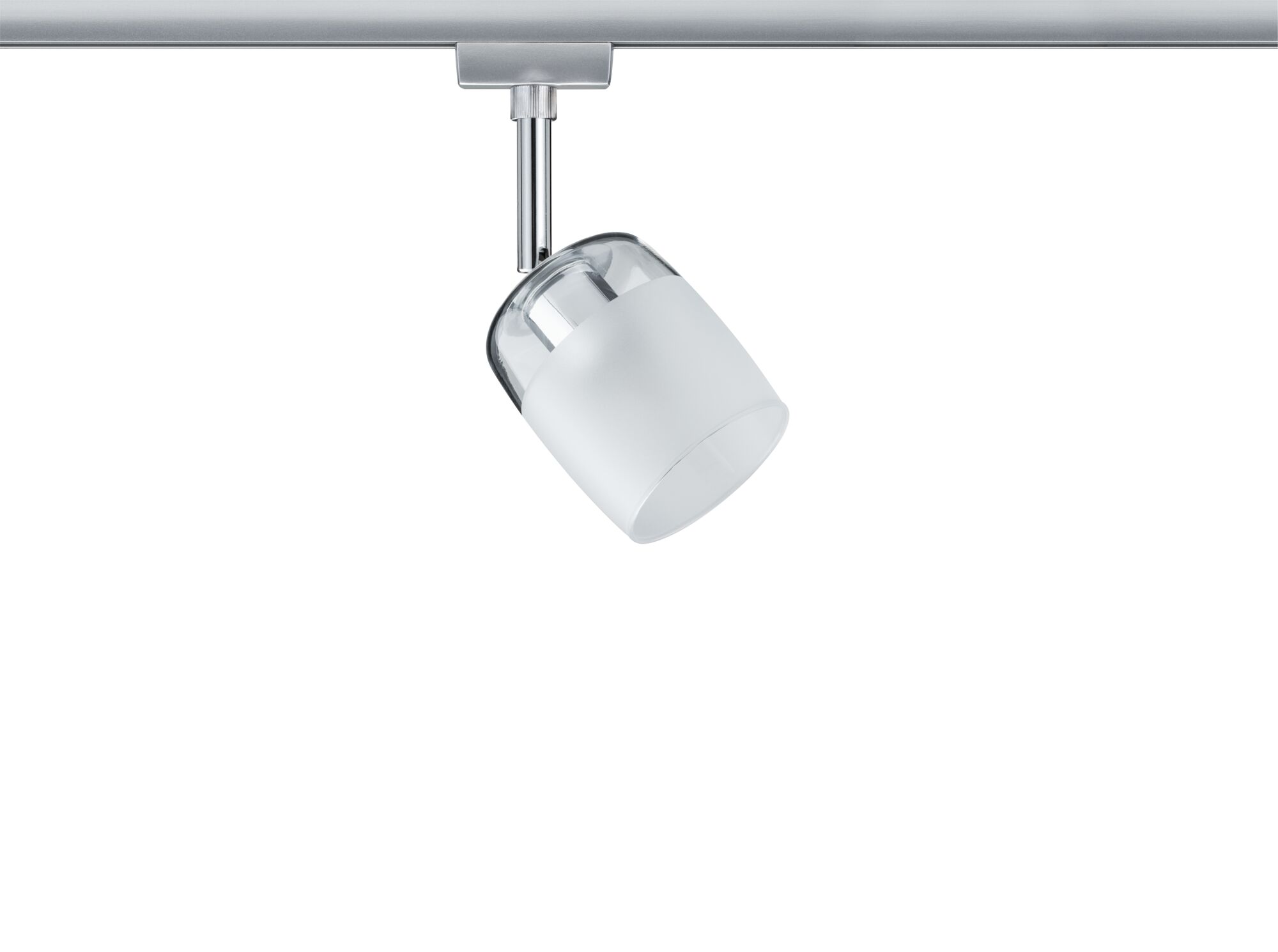 Modern white LED spotlight made of glass and metal for track systems, dimmable and adjustable