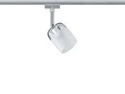 Modern white LED spotlight made of glass and metal for track systems, dimmable and adjustable