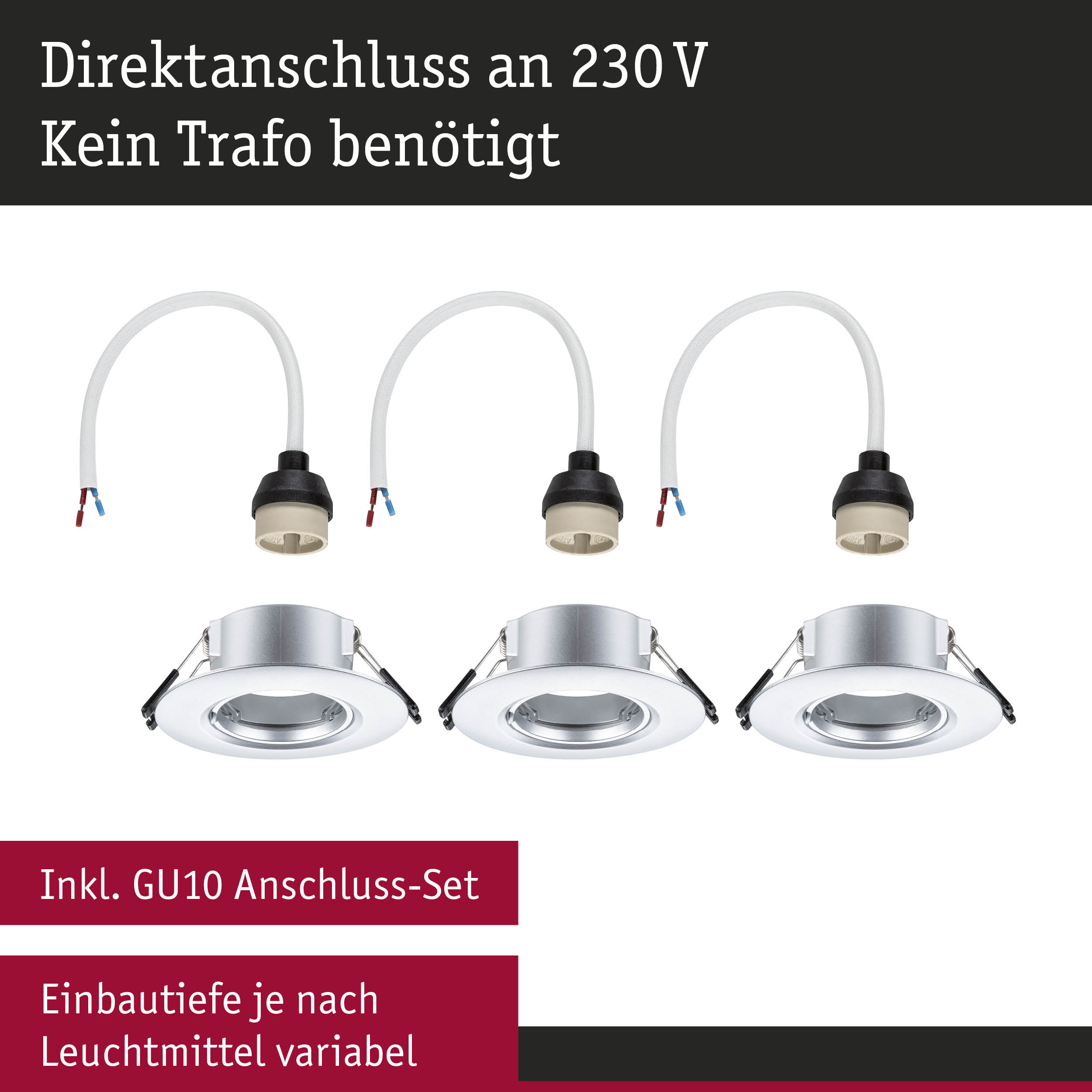 Drei weiße GU10 Einbaustrahler mit Anschlusskabeln für 230V Direktanschluss ohne Trafo