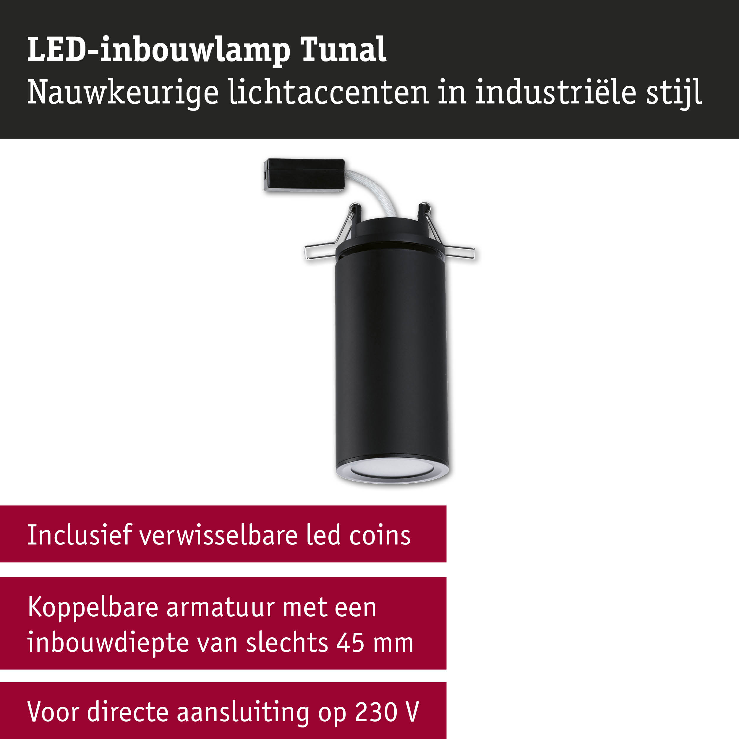 Zwarte LED-inbouwlamp Tunal met nauwkeurige lichtaccenten in industriële stijl