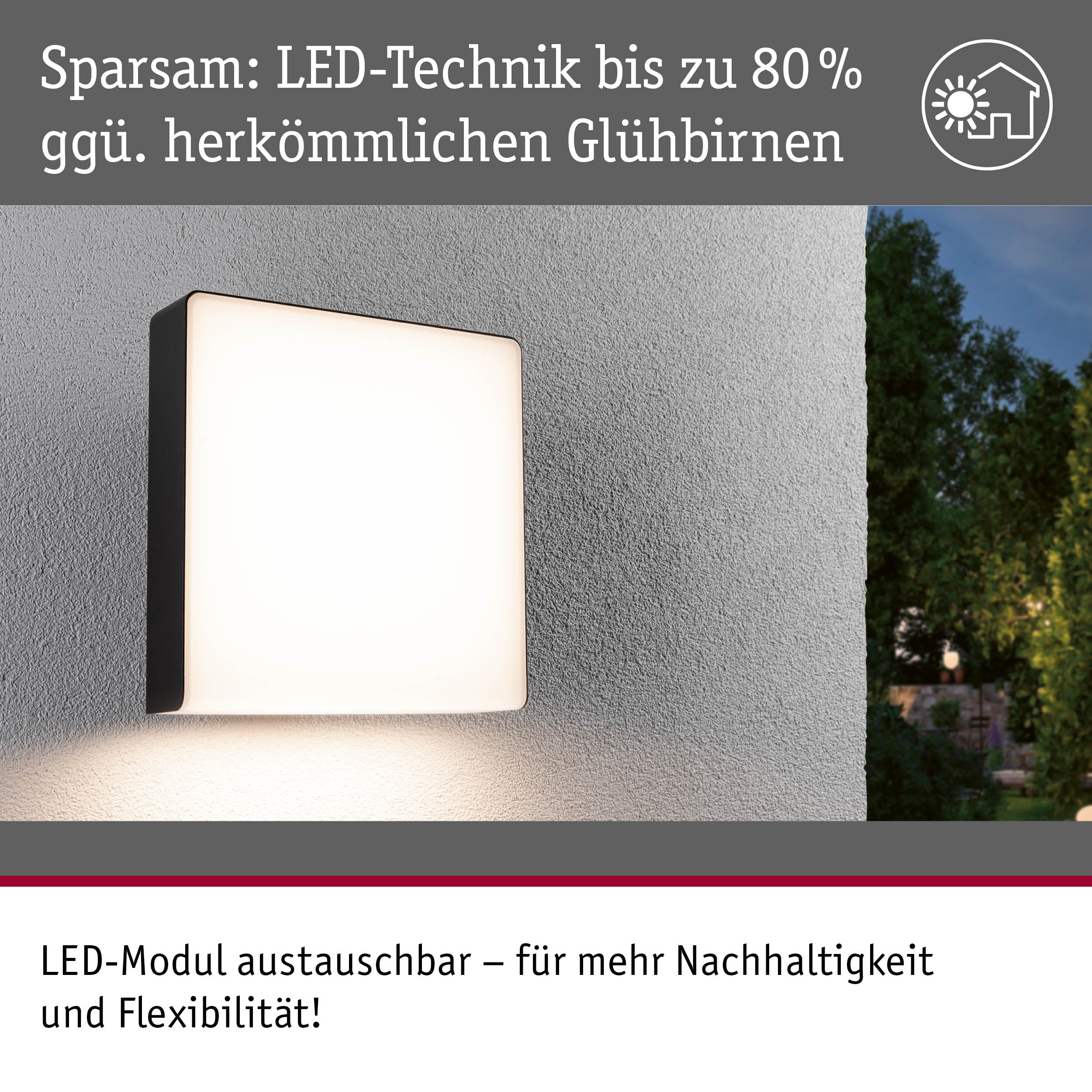 Modernes LED-Wandleuchte mit schwarzem Rahmen an grauer Wand, energiesparende Außenbeleuchtung