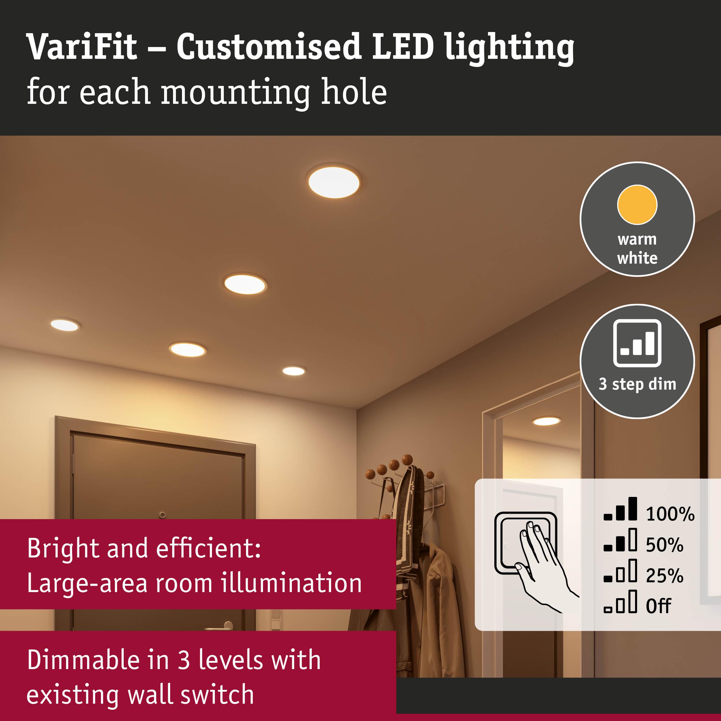 VariFit recessed LED lights with warm white glow and 3-step dimming for efficient room illumination
