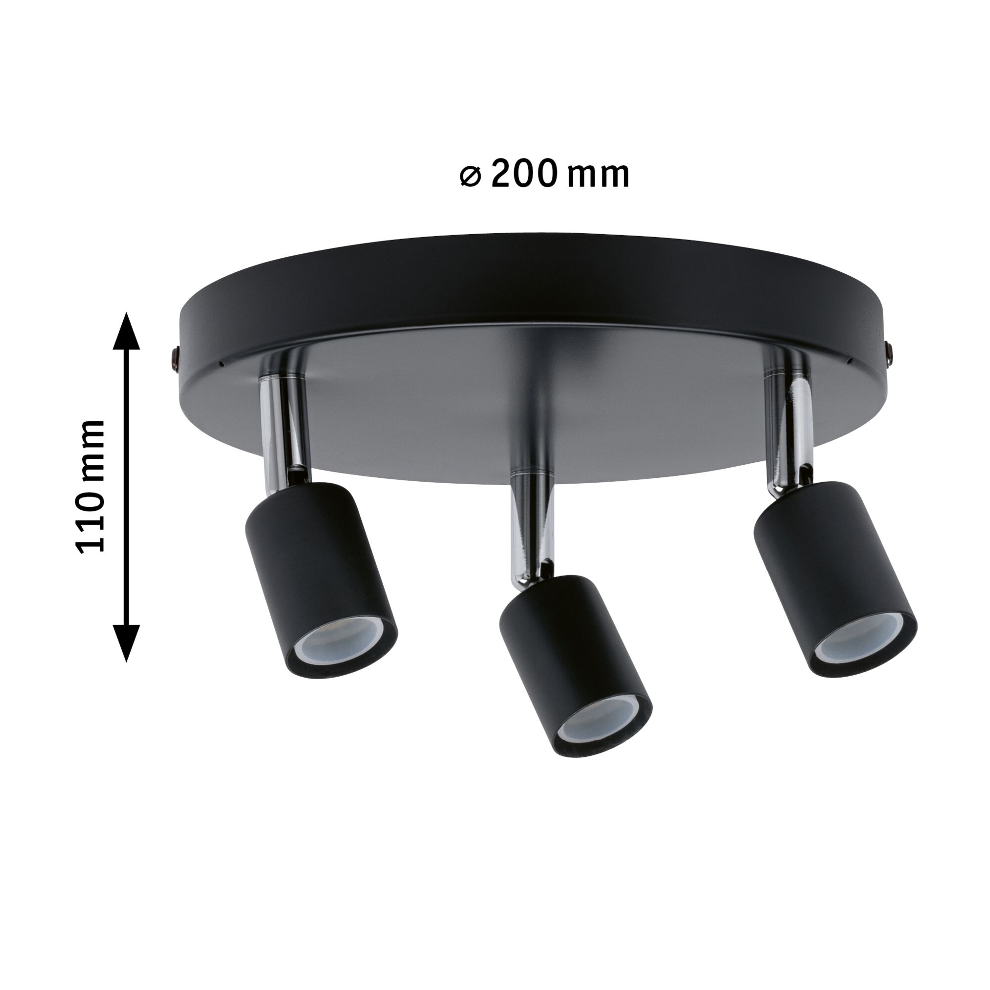 Runder schwarzer Deckenstrahler mit drei verstellbaren LED-Leuchten aus Metall, 200 mm Durchmesser.