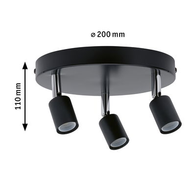 Ronde zwarte plafondspot met drie verstelbare metalen LED-lampen, 200 mm diameter voor moderne verlichting.