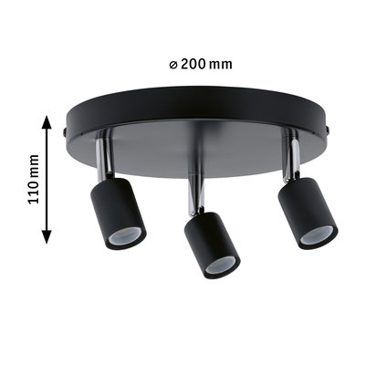 Round black ceiling spotlight with three adjustable metal LED lamps, 200 mm diameter for modern lighting.