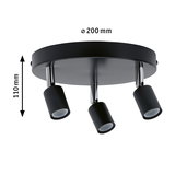Round black ceiling spotlight with three adjustable metal LED lamps, 200 mm diameter for modern lighting.