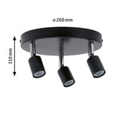 Spot de plafond rond noir avec trois lampes LED réglables en métal, diamètre 200 mm pour éclairage moderne.