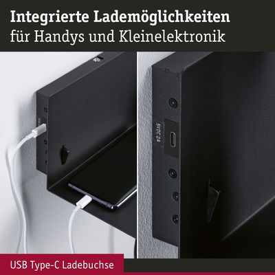 Schwarzes Wandregal mit integrierter USB Type-C Ladebuchse für Handys und kleine Elektronikgeräte