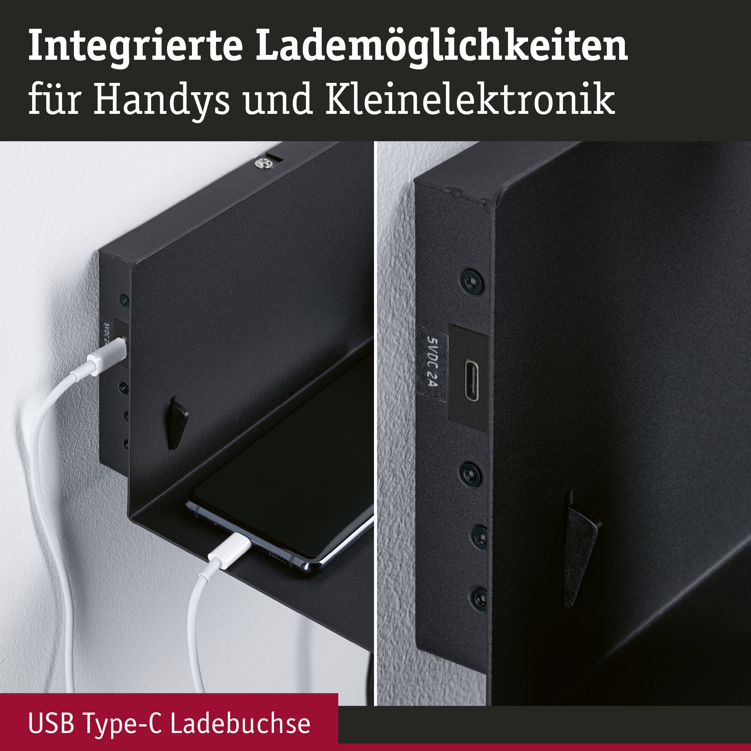 Schwarze Wandhalterung mit integriertem USB Type-C Ladeanschluss für Handys und Kleingeräte
