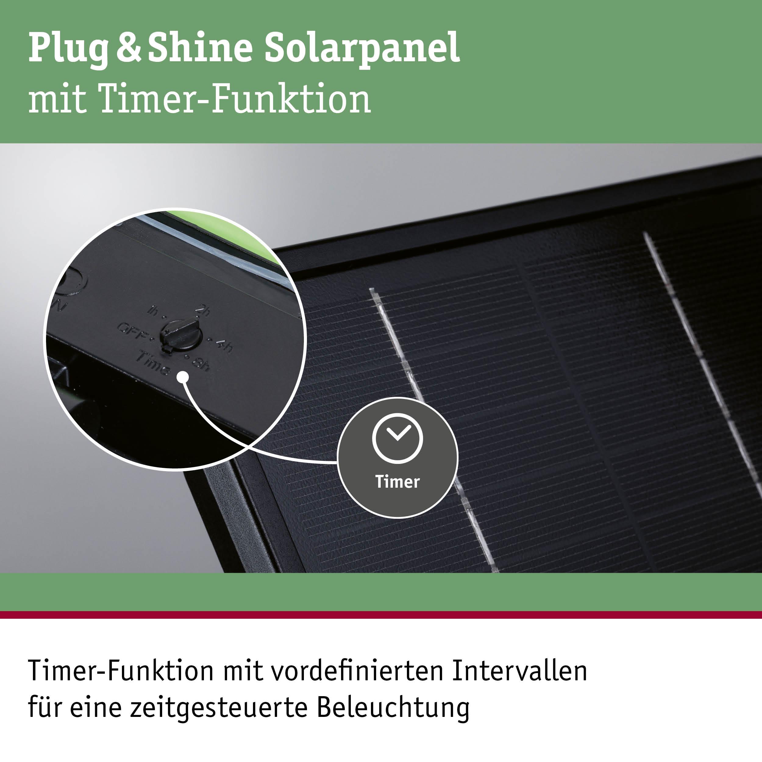 Schwarzes Plug & Shine Solarpanel mit Timer-Funktion für zeitgesteuerte Beleuchtung im Außenbereich