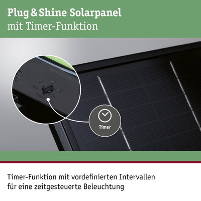 Schwarzes Plug & Shine Solarpanel mit Timer-Funktion für zeitgesteuerte Beleuchtung im Außenbereich