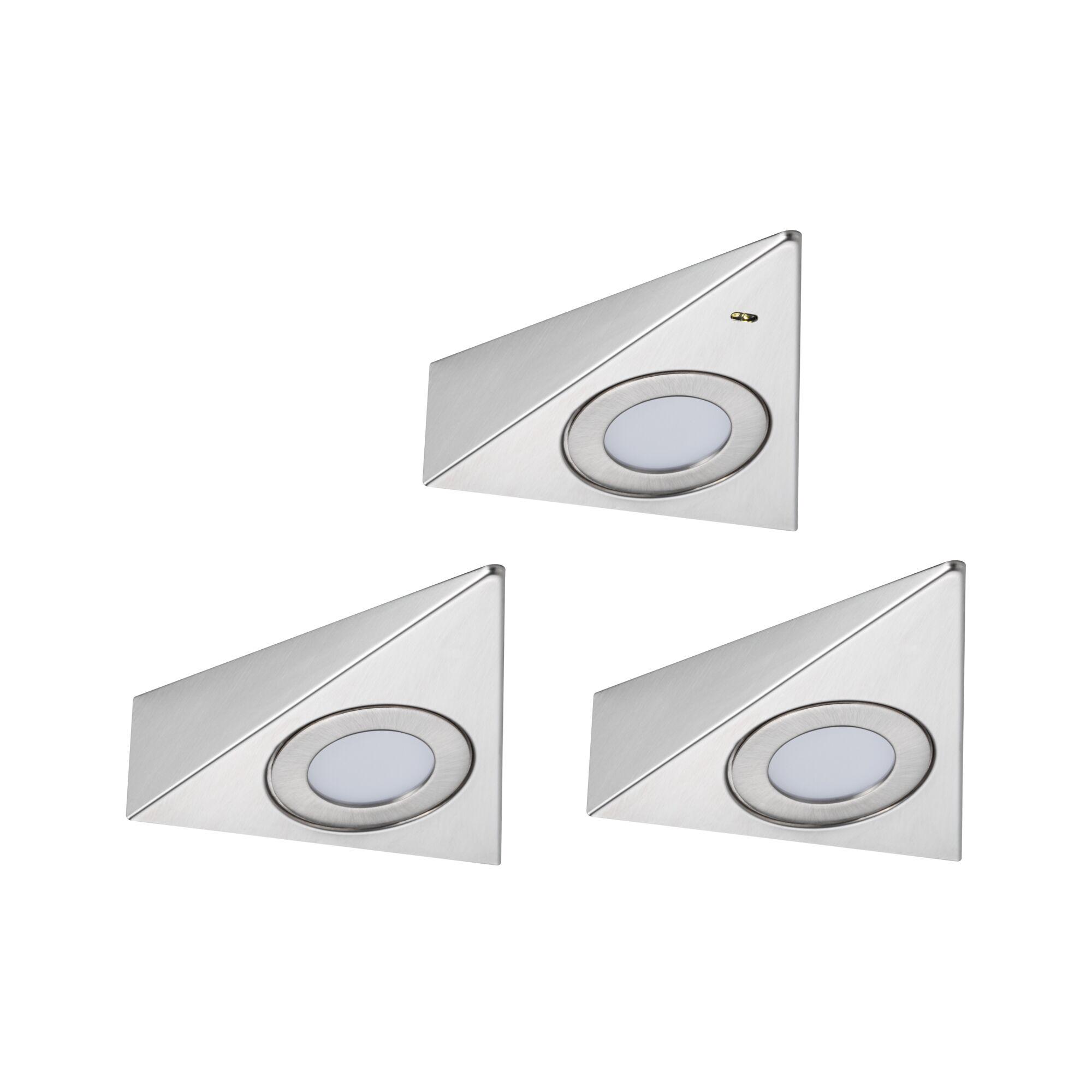 Three triangular LED recessed lights in brushed stainless steel for modern accent lighting