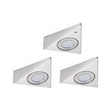 Three triangular LED recessed lights in brushed stainless steel for modern accent lighting