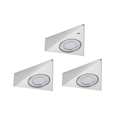 Three triangular LED recessed lights in brushed stainless steel for modern accent lighting