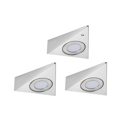 Three triangular brushed stainless steel LED recessed lights in silver for modern accent lighting