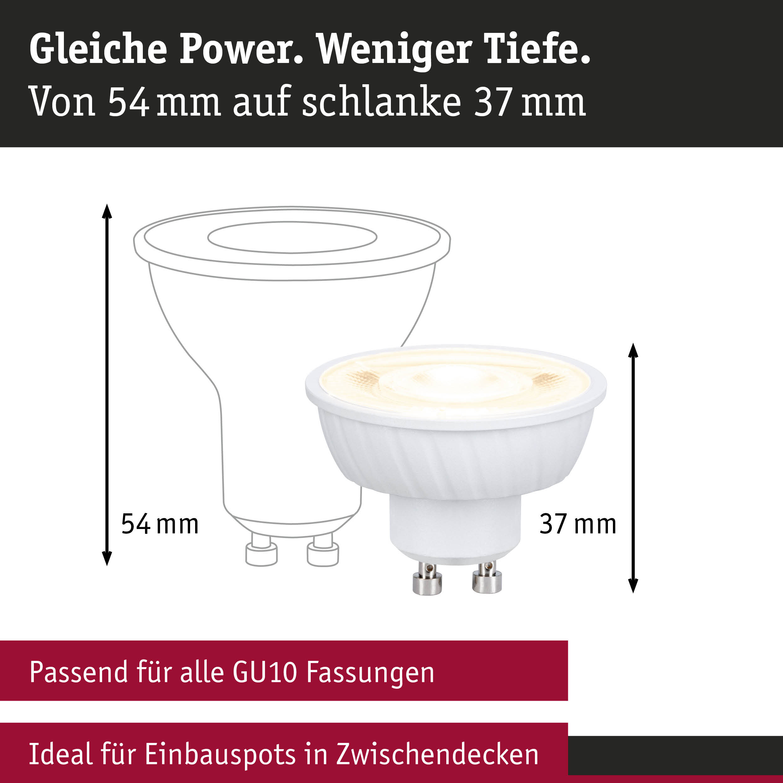 LED-Spot mit GU10 Fassung, weiß, 37 mm Höhe, kompakter als Standard 54 mm Leuchtmittel