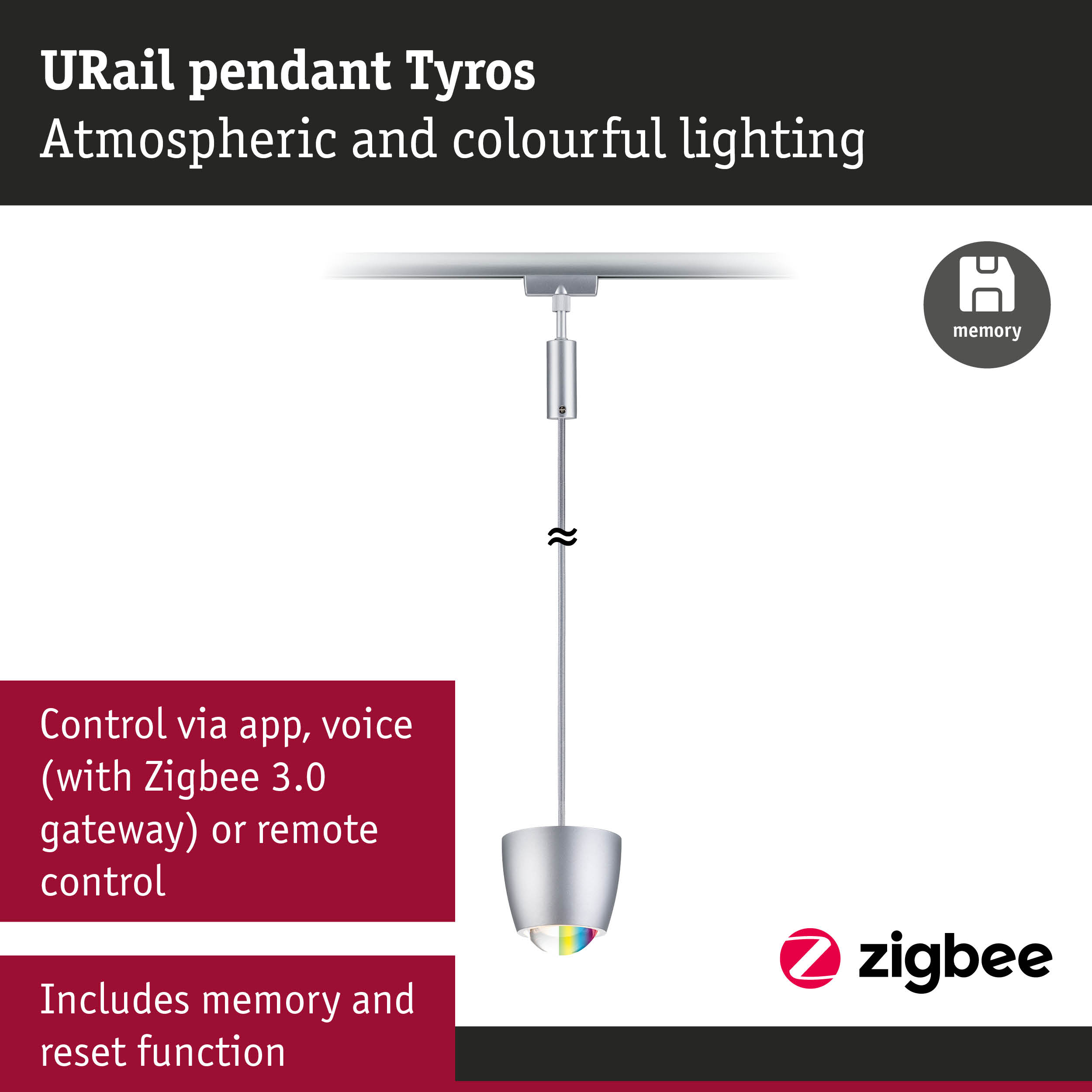 URail Tyros pendant light in silver metal with colorful LED lighting and Zigbee smart control