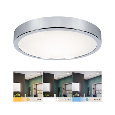Plafonnier rond en chrome avec diffuseur blanc, dimmable en 2700K, 4000K et 6500K températures de couleur.