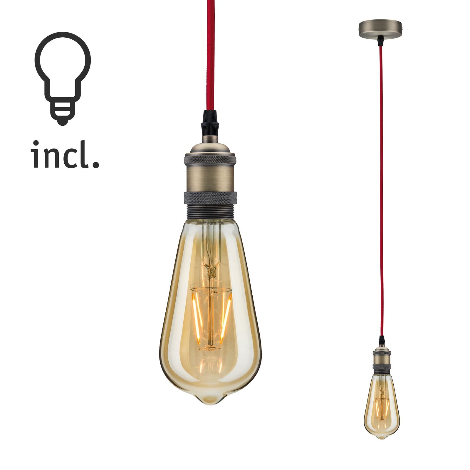 Vintage Edition Bundle Pendant Fabric cable + LED Globe E27 Red/Brushed nickel E27 230V 480lm 6W 1700K dimmable Gold