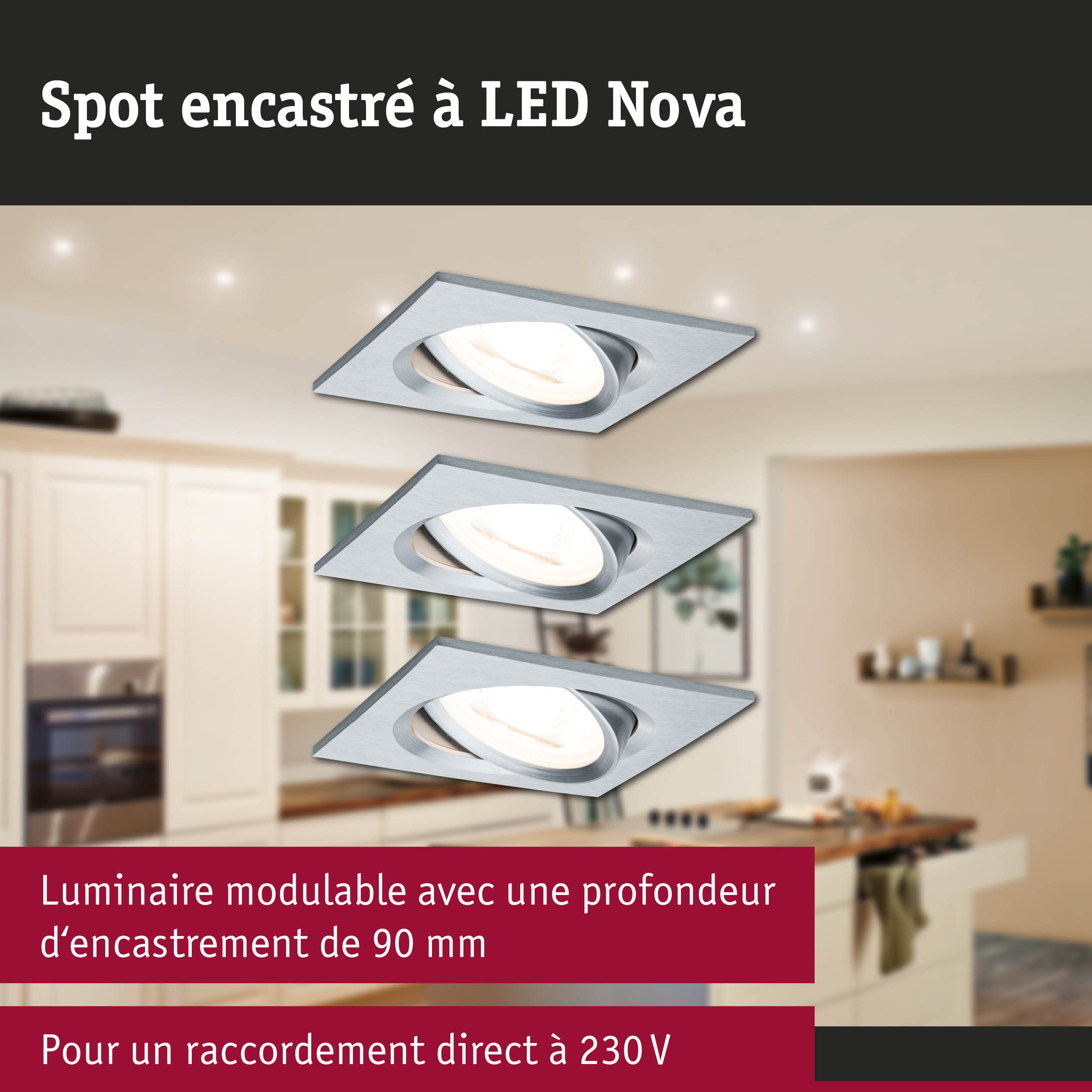 Spot encastré LED Nova en aluminium brossé argenté pour éclairage moderne de cuisine