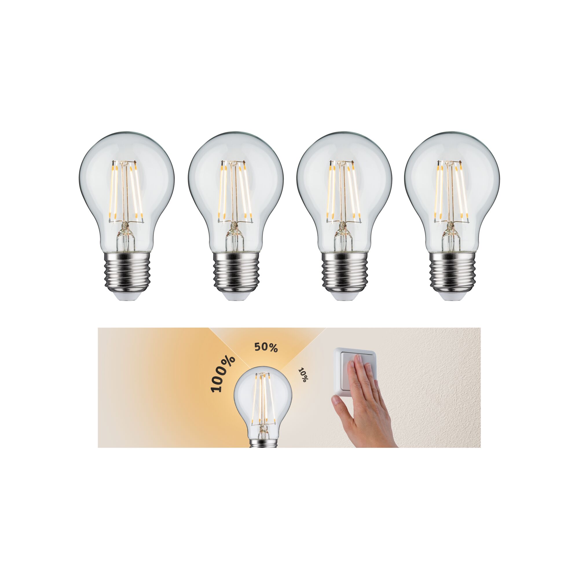 Vier dimbare LED-lampen met E27-fitting en warm wit licht, handbediende lichtschakelaar.