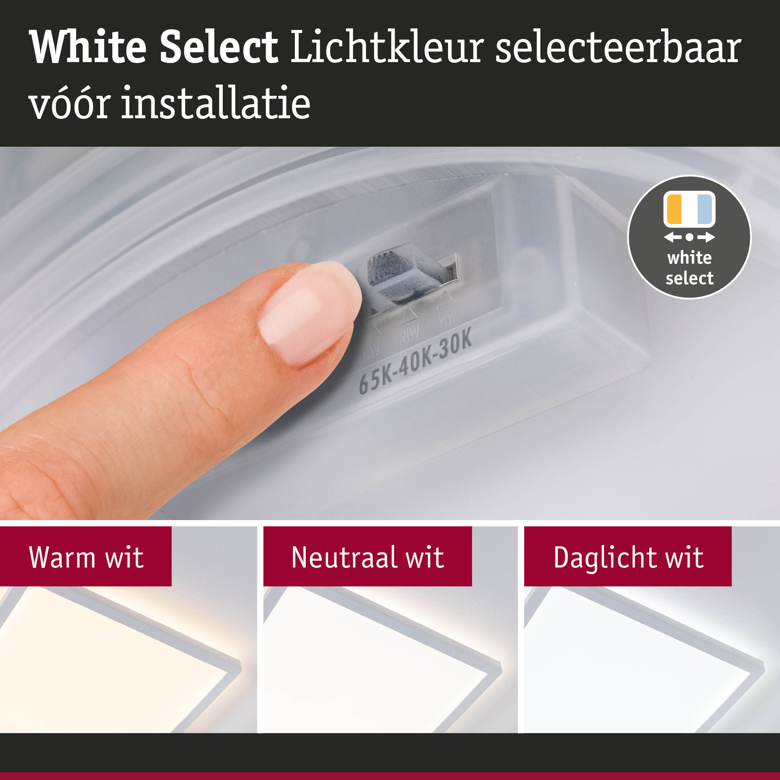 Vinger stelt witte LED-lamp in met selecteerbare lichtkleur warm wit, neutraal wit en daglicht wit