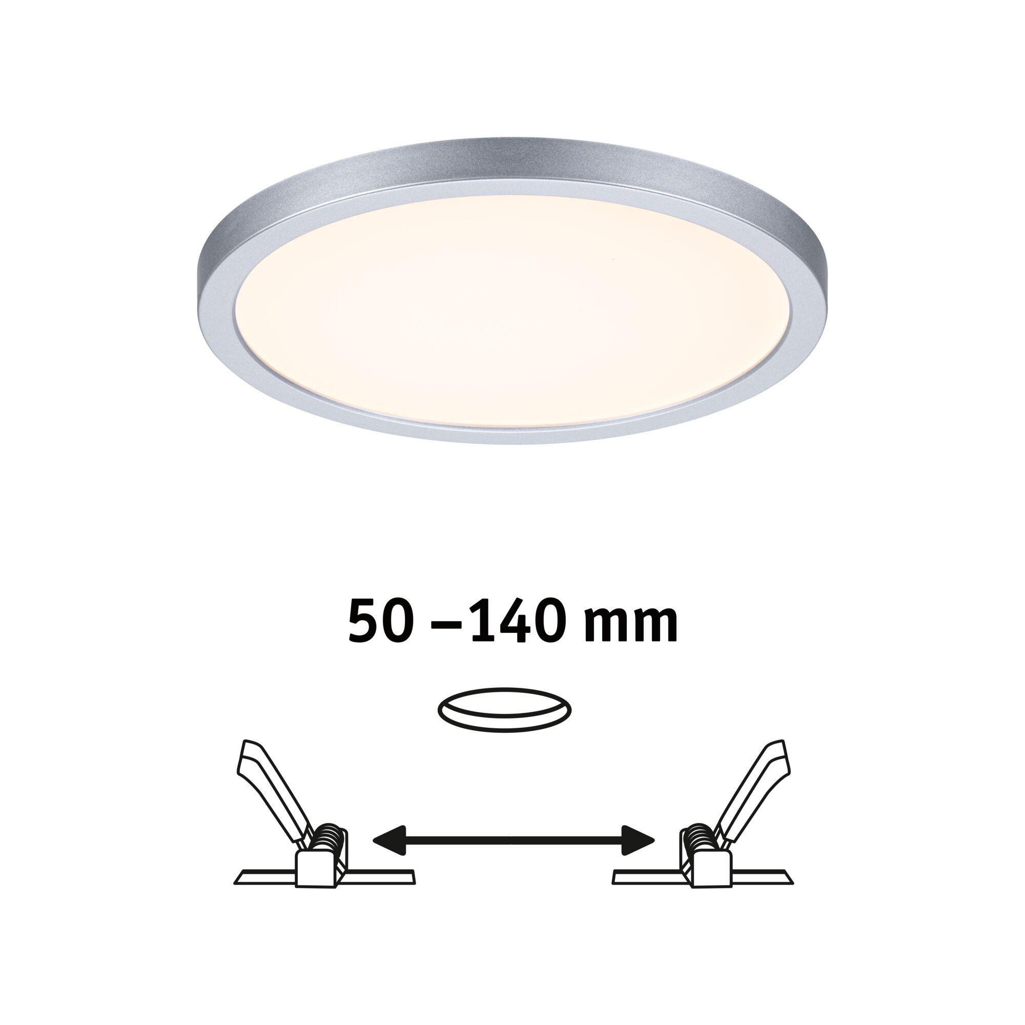 Ronde LED-plafondlamp met zilverkleurige aluminiumrand en warm wit licht, inbouwafstand 50-140 mm
