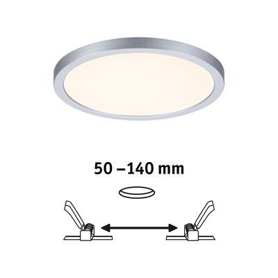 Plafonnier LED rond avec cadre en aluminium argenté et lumière blanc chaud, distance d'installation 50-140 mm