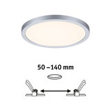 Plafonnier LED rond avec cadre en aluminium argenté et lumière blanc chaud, distance d'installation 50-140 mm