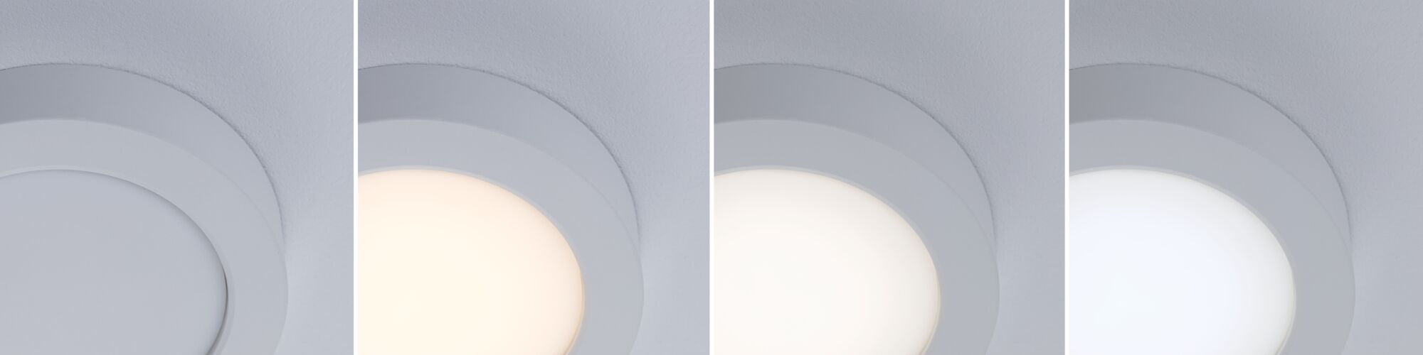 Vier Phasen einer weißen runden Deckenleuchte mit dimmbarer Lichtfarbe von warm bis kalt