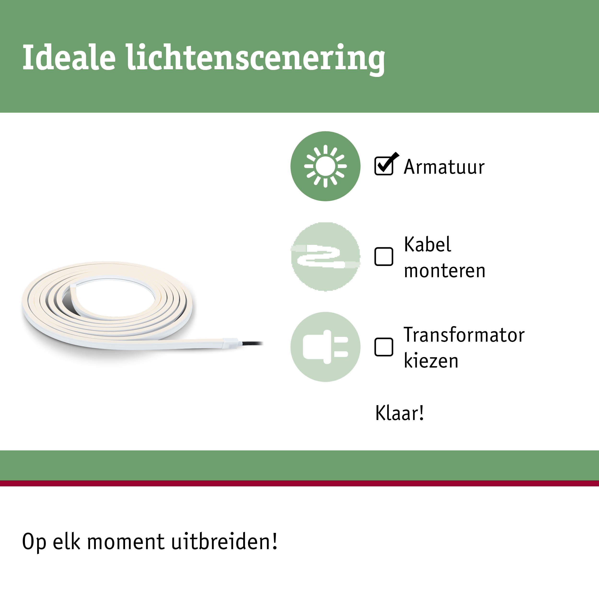 Flexibele witte LED-lichtstrip met stekker voor eenvoudige montage en uitbreiding