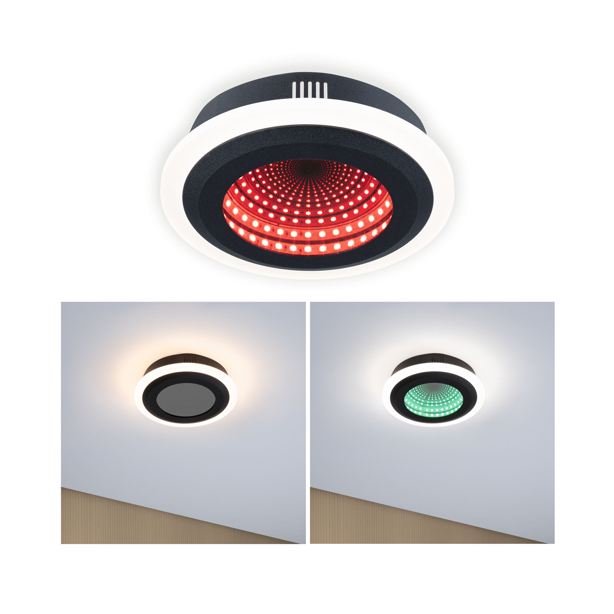 Wand- en plafondlamp Spaceglow Two RGB+ 1200lm 230V 14W dimbaar Zwart mat Ronde zwarte LED-plafondlamp met witte rand en kleurveranderend oneindigheidseffect voor moderne verlichting