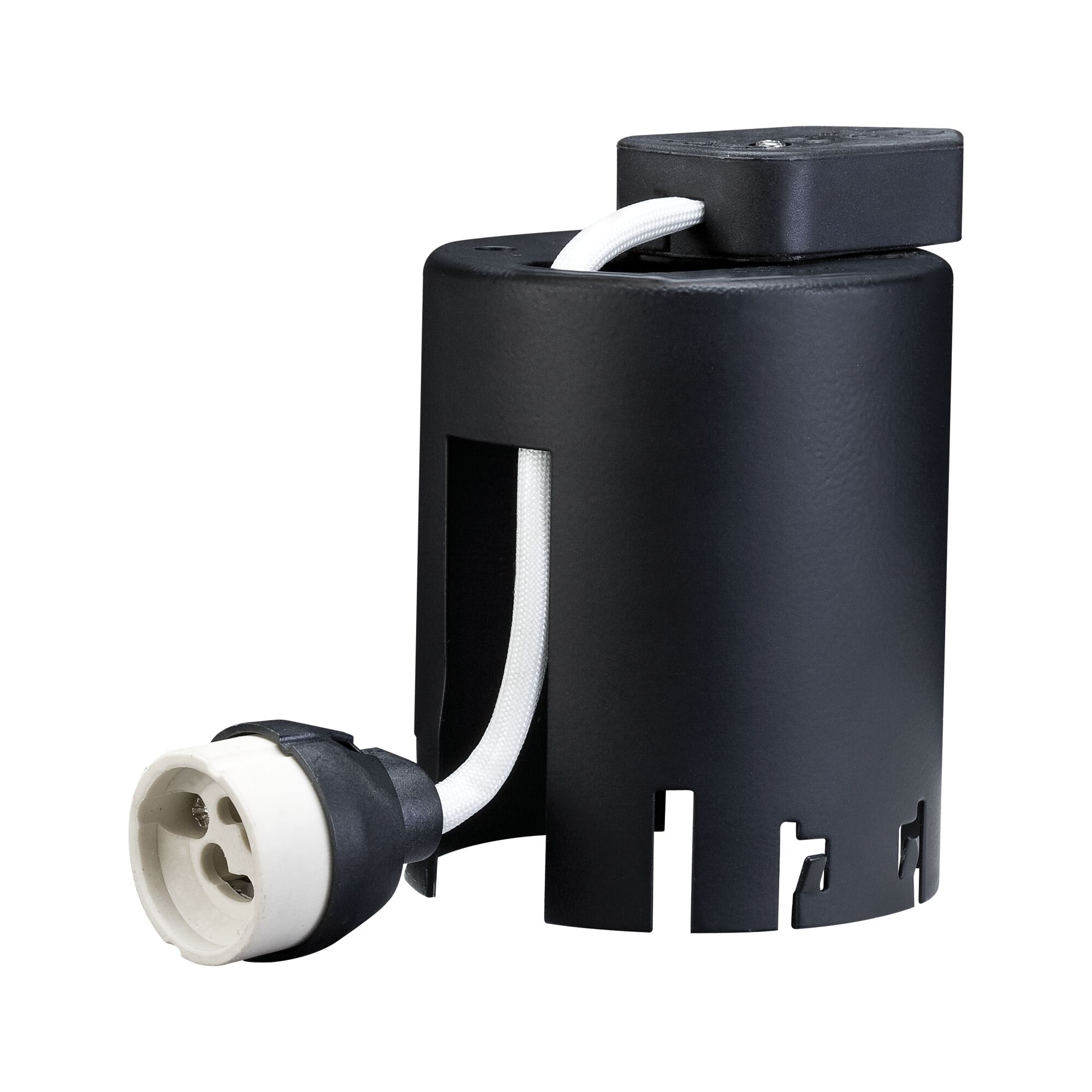 Black plastic lamp holder with white cable and socket for LED lighting fixtures