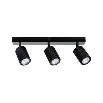 Black LED ceiling light with three adjustable aluminum spotlights for modern room lighting