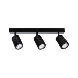 Black LED ceiling light with three adjustable aluminum spotlights for modern room lighting
