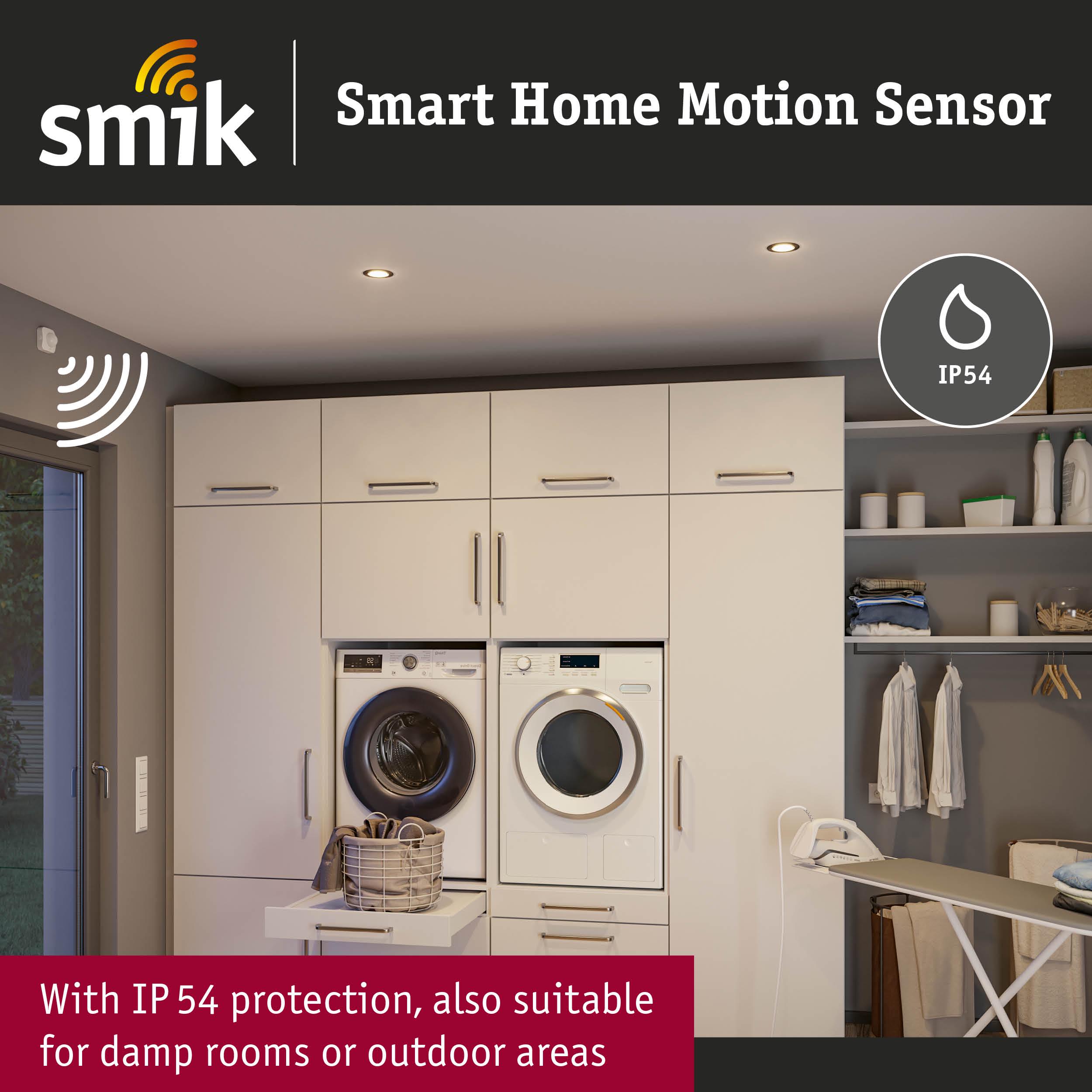 Smart Home motion sensor with IP54 protection suitable for damp rooms and outdoor use in laundry room