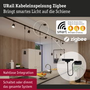 Schwarze URail Kabeleinspeisung Zigbee für smarte Lichtsteuerung in moderner Küche mit Holzpaneelen