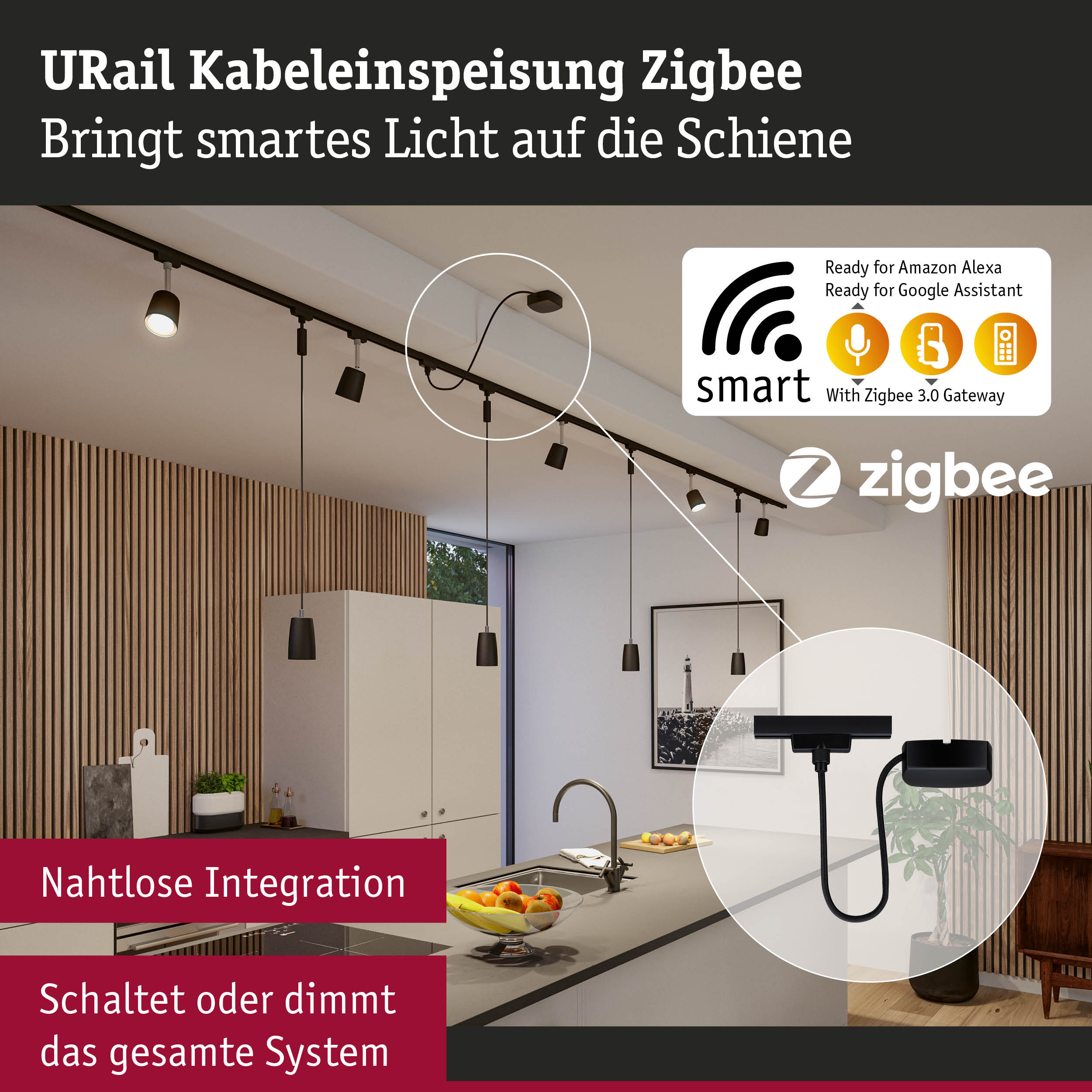 Schwarze URail Kabeleinspeisung Zigbee für smarte Lichtsteuerung in moderner Küche mit Holzpaneelen