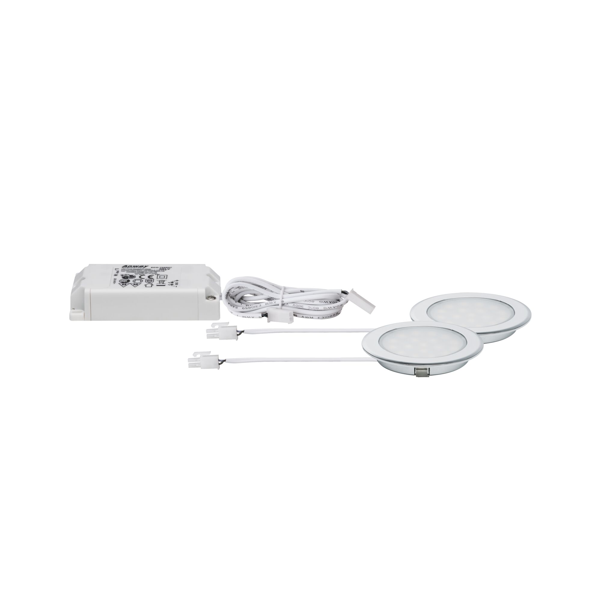 LED recessed lighting set with white plastic driver and two round silver lights for home lighting