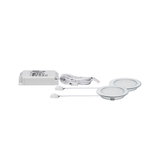 LED recessed lighting set with white plastic driver and two round silver lights for home lighting