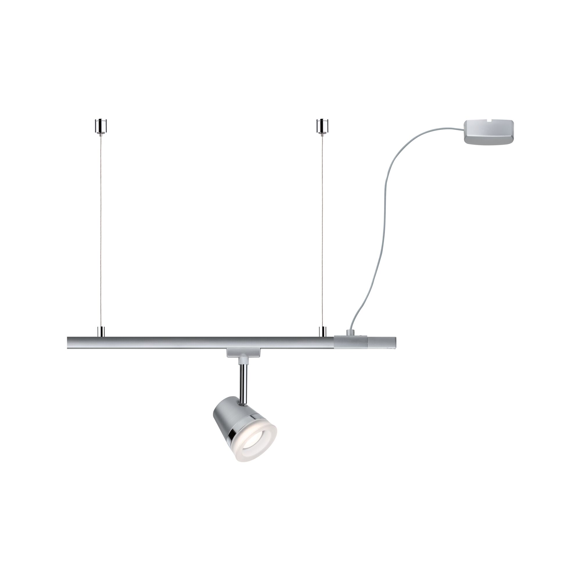 Modern silver LED track light with adjustable spotlight and suspension for versatile room lighting