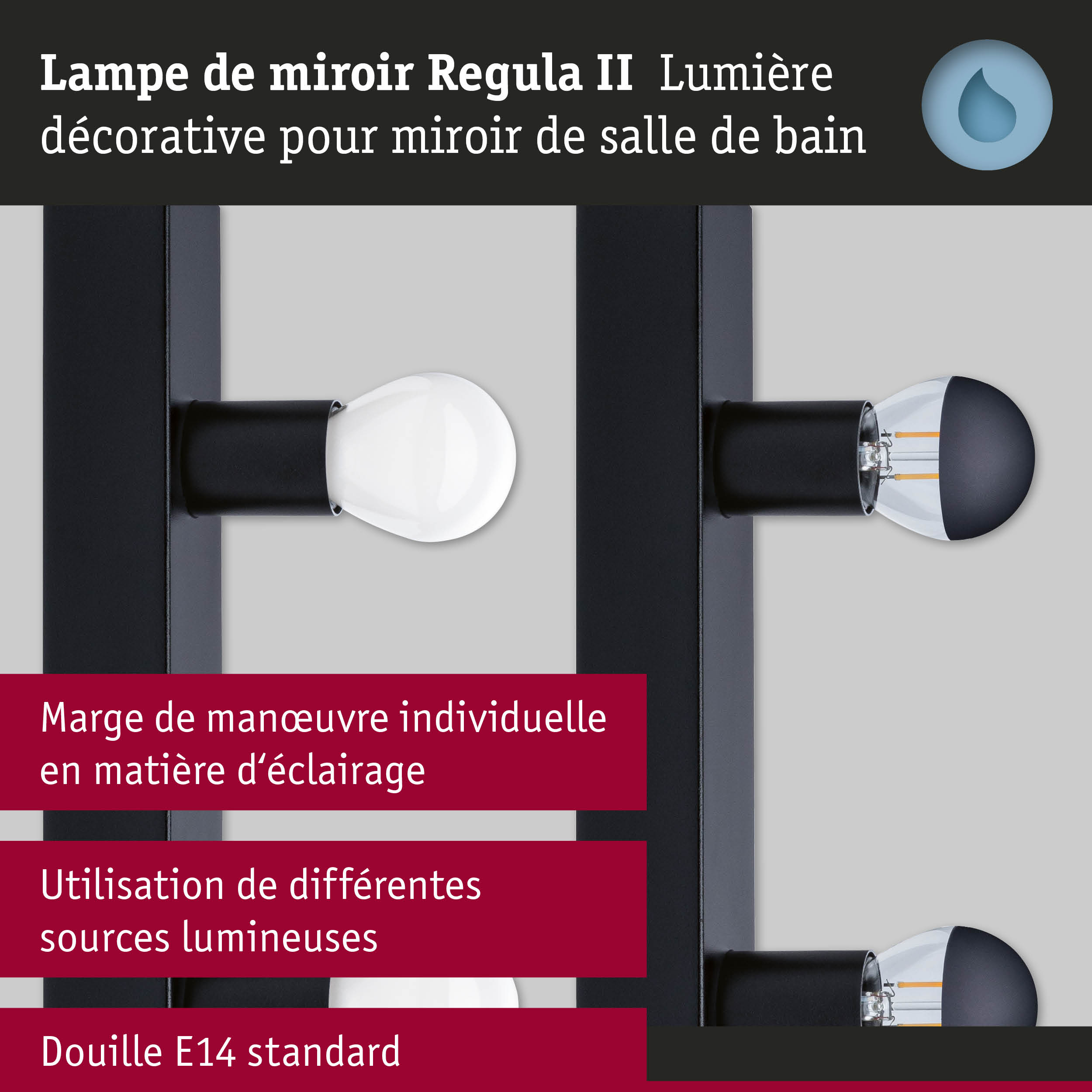Lampe de miroir Regula II noire avec douille E14 pour éclairage de salle de bain