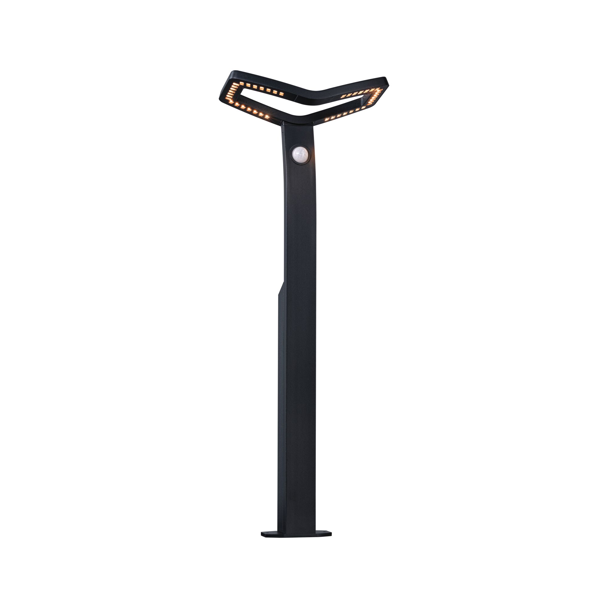 Zwarte LED-buitenlamp met bewegingssensor en modern Y-vormig metalen ontwerp voor tuin.