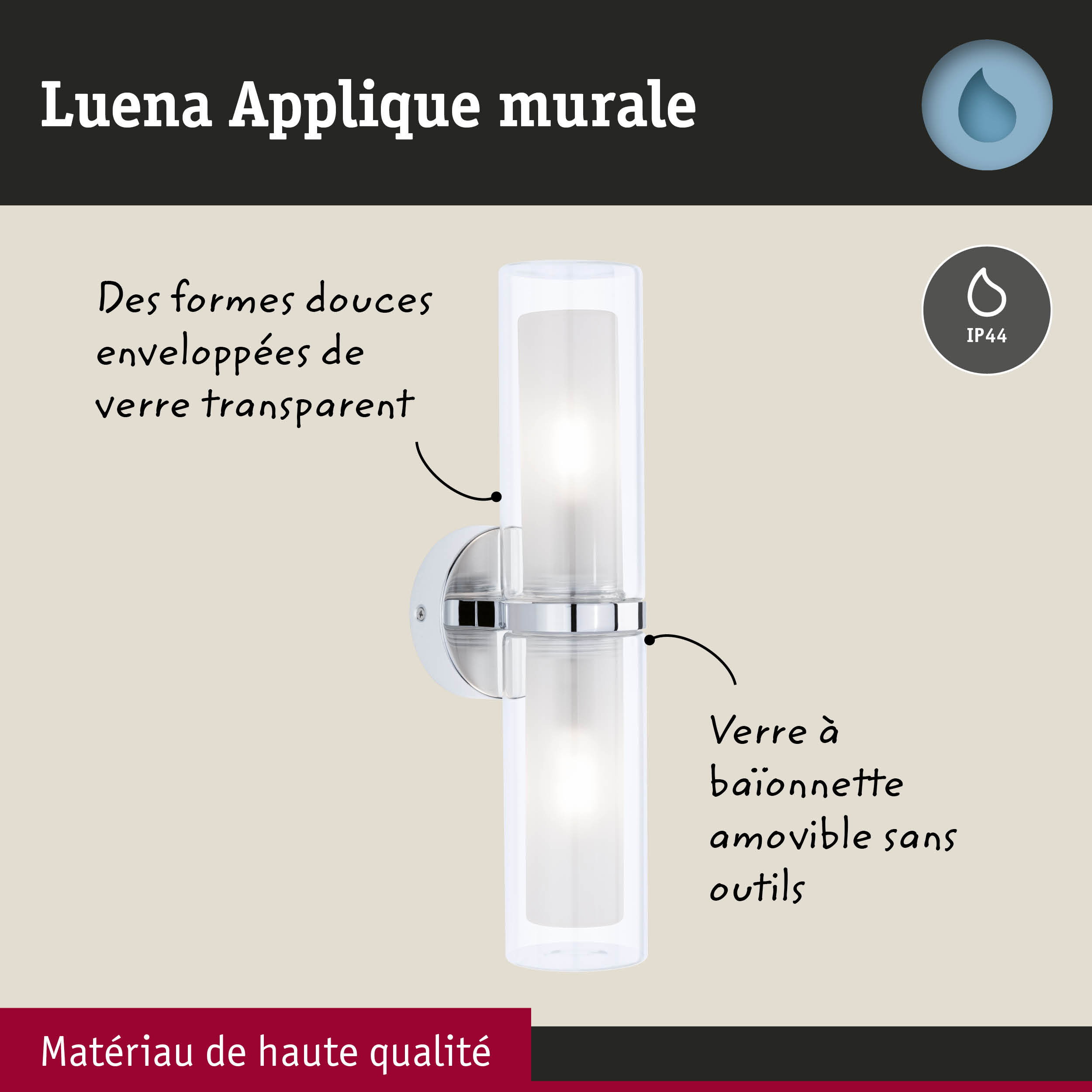 Applique murale Luena en verre transparent avec support chromé, protection IP44 pour salle de bain