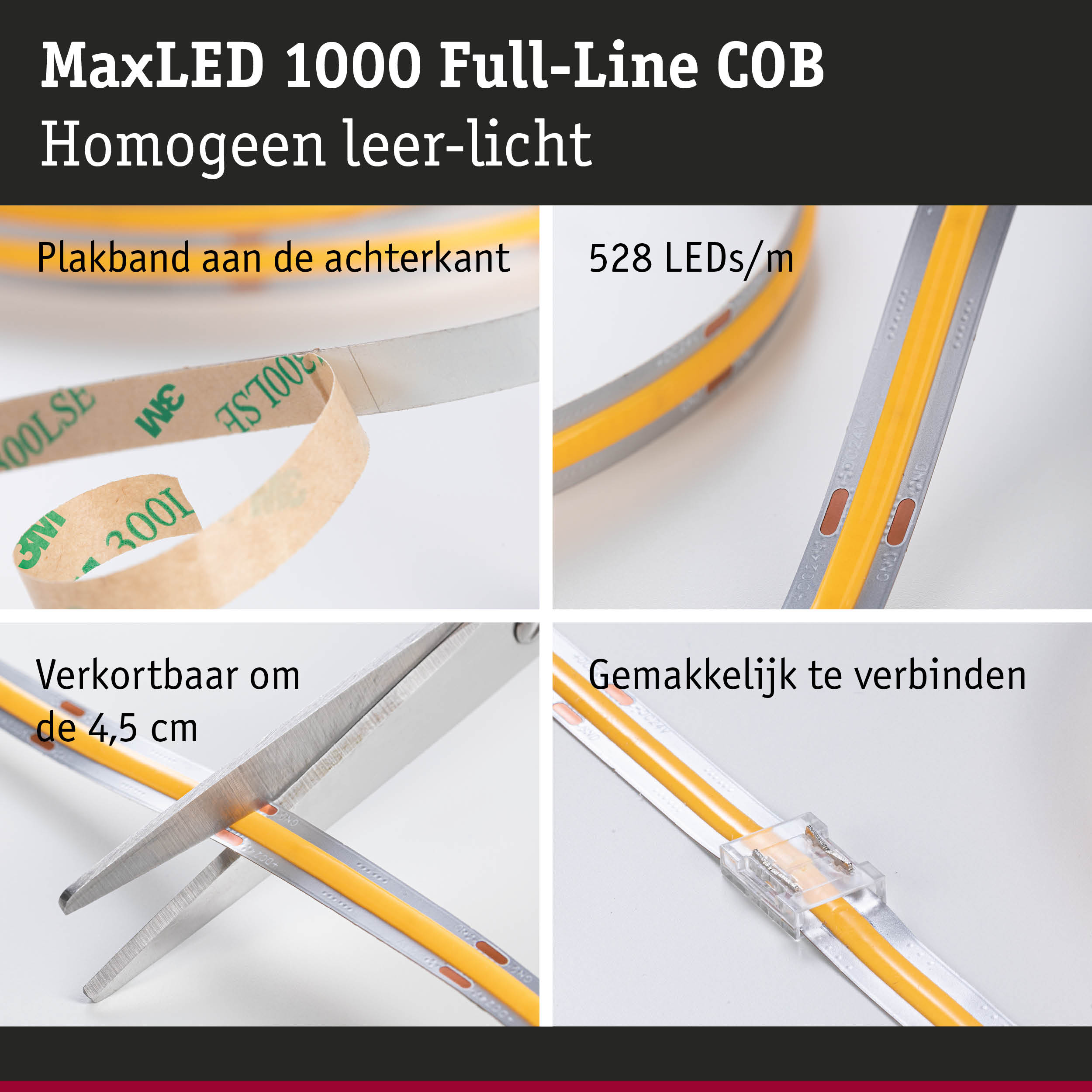 MaxLED 1000 COB LED-strip met 528 LEDs/m, zelfklevend, knipbaar en verbindbaar voor flexibele verlichting