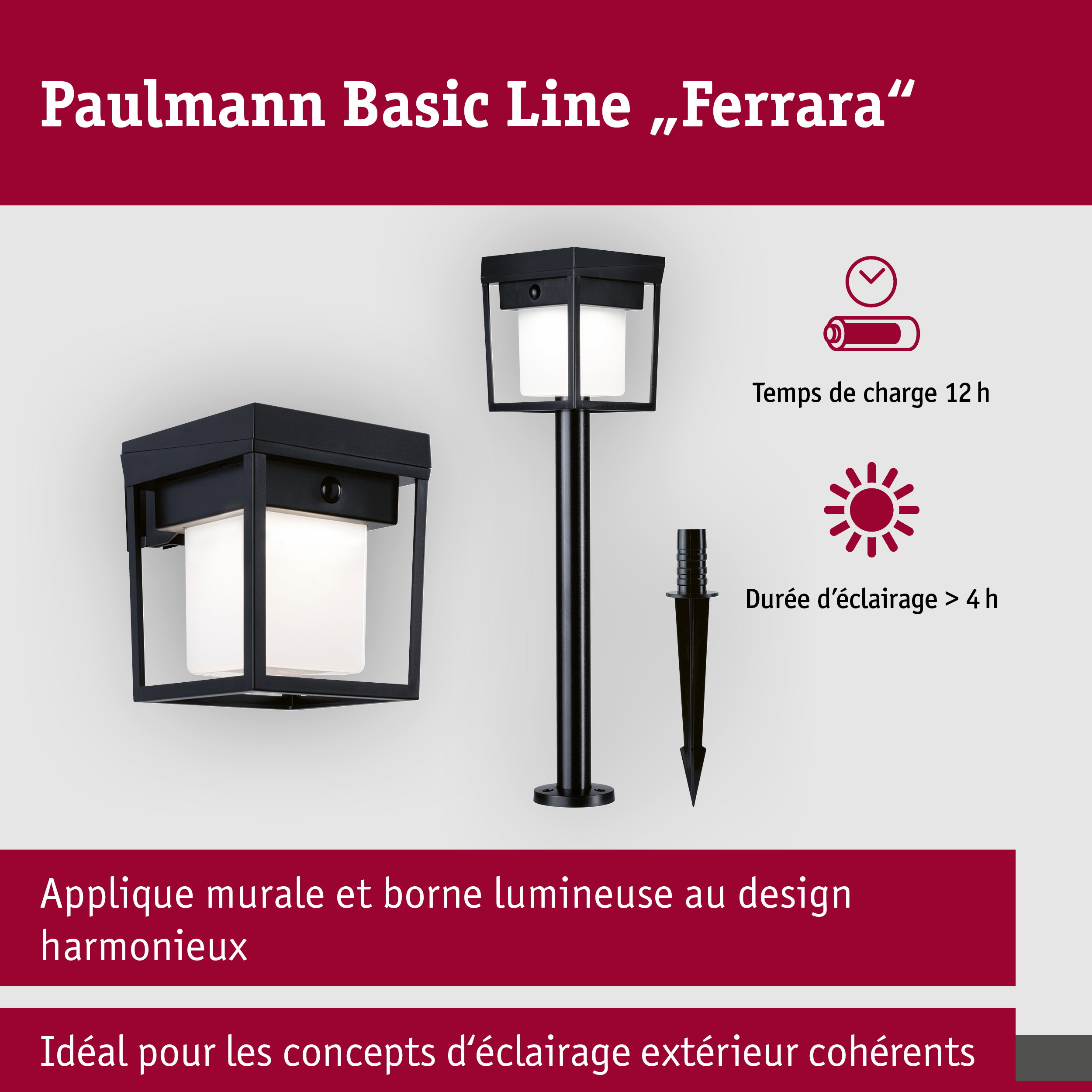 Solar Applique d'extérieur LED Ferrara IP44 carré 121x156mm 3000K 4,2W 400lm 3,7V Noir