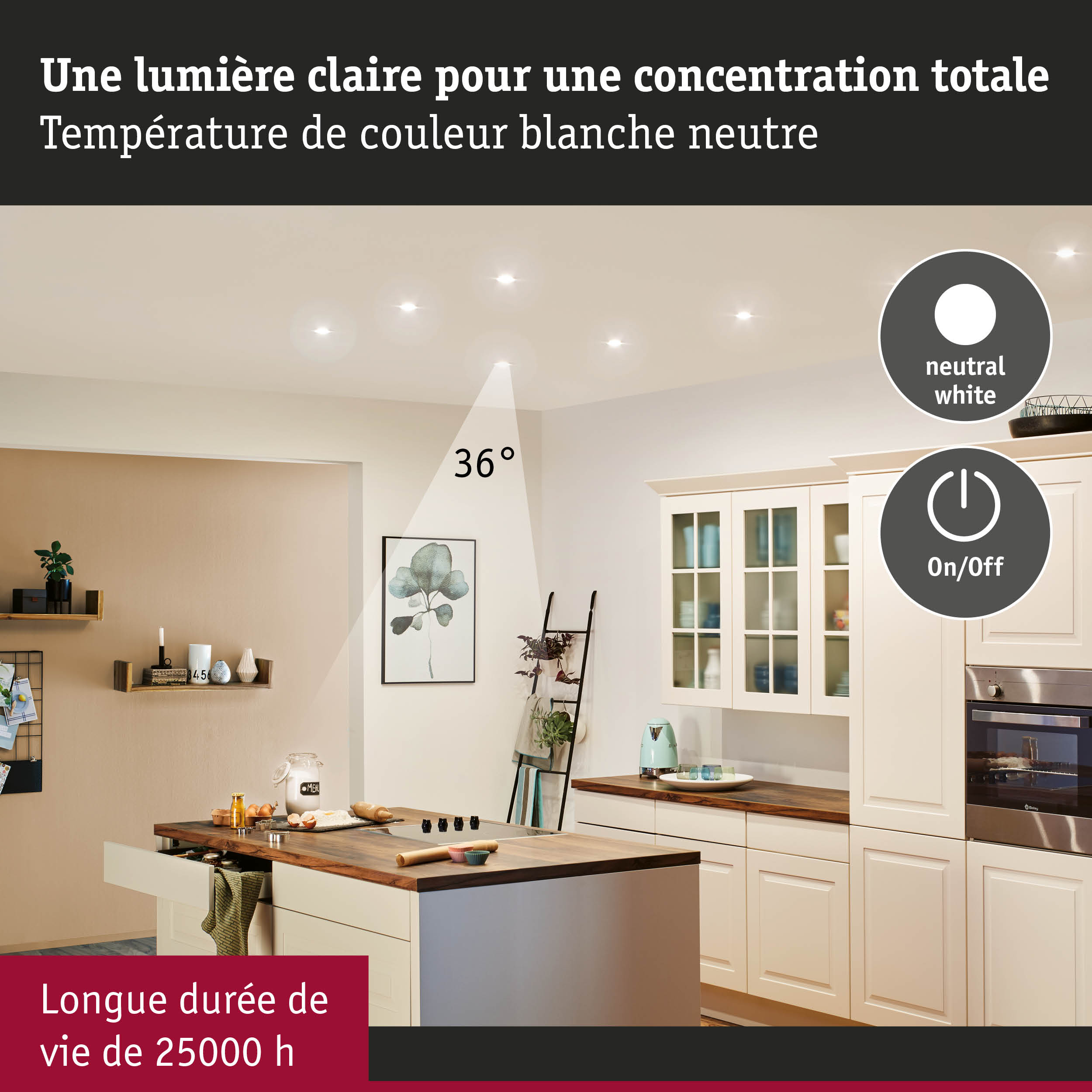 Cuisine moderne avec spots LED encastrés blanc neutre pour un éclairage concentré et longue durée