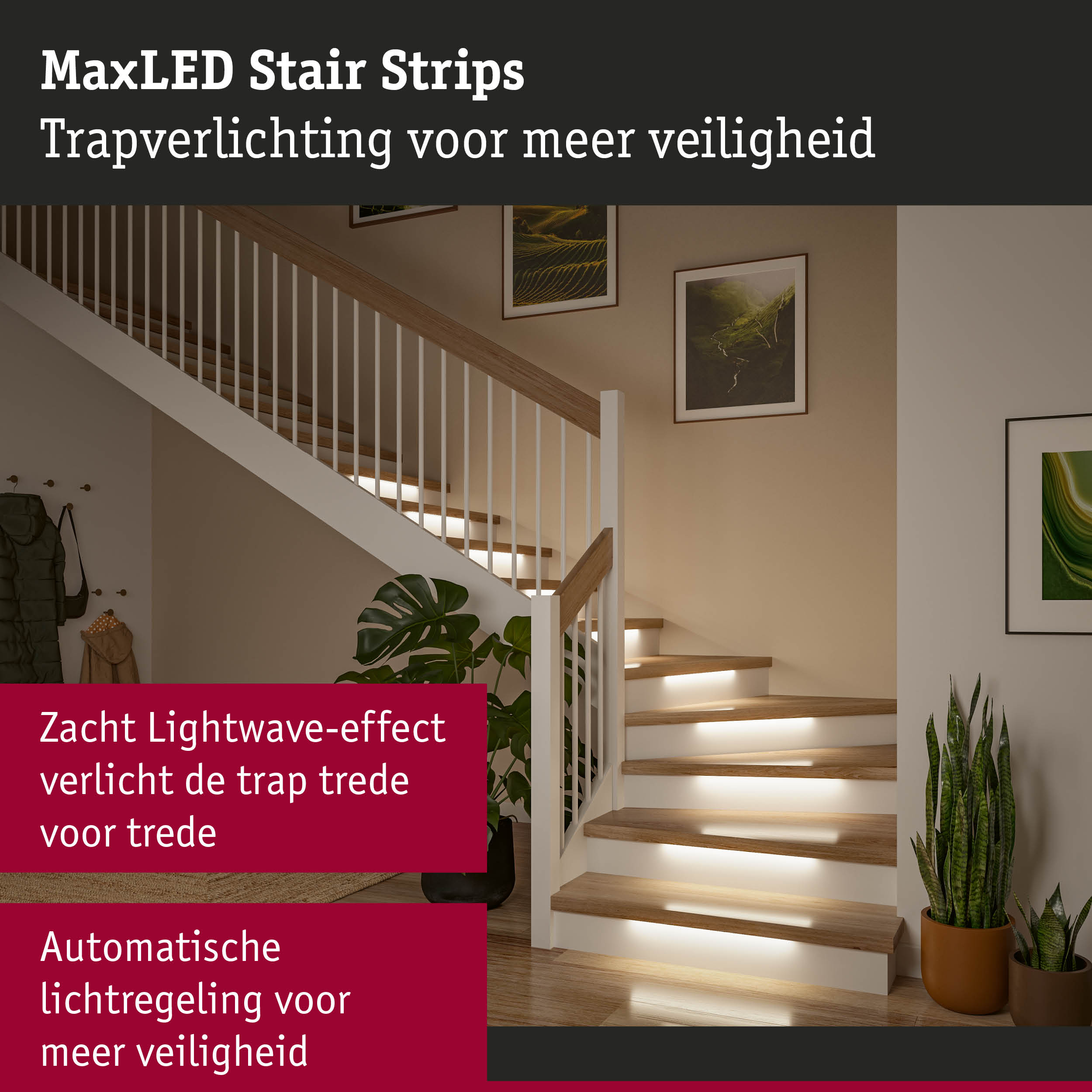 MaxLED trapverlichting met zacht Lightwave-effect voor meer veiligheid op houten trappen