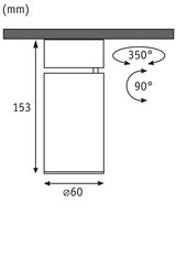 Schéma technique d'un luminaire de plafond de 153 mm de haut, 60 mm de diamètre, pivotant à 350° et inclinable à 90°