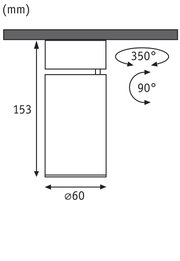 Technical drawing of cylindrical light head 153 mm high, 60 mm diameter, rotates 350° and tilts 90°